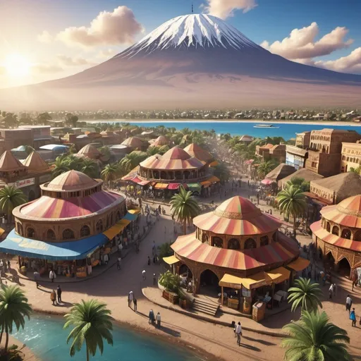 Prompt: Tropical Arab city with Swahili architecture, Mount Kilimanjaro in the background, vibrant marketplace,  palm trees swaying in the breeze, aerial view, colorful textiles and intricate carvings, high quality, detailed 3D rendering, vibrant colors, warm sunlight, Swahili architecture, tropical vibe, Mount Kilimanjaro, bustling marketplace, palm trees, intricate carvings, vibrant waterfront, warm lighting