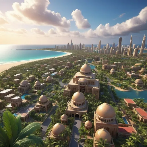 Prompt: tropical arab megacity with Swahili architectural style, vibrant color tones, high level of detail, 3D rendering, tropical, traditional motifs, scenic coastal views, high quality, ultra-detailed, vibrant colors, Swahili architecture, lush gardens, tropical cityscape, detailed 3D rendering, coastal setting, city lights, professional