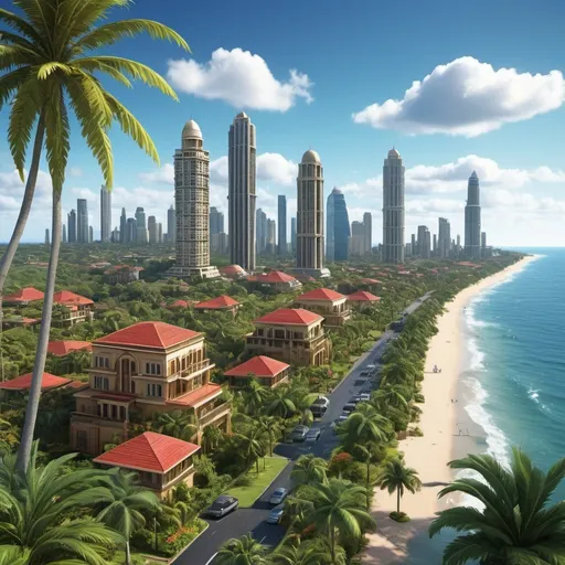 Prompt: Coastal megacity with Swahili architectural style, vibrant and rich color tones, high level of detail, 3D rendering, tropical, futuristic skyscrapers, traditional motifs, scenic coastal views, high quality, ultra-detailed, vibrant colors, Swahili architecture, lush gardens, tropical cityscape, futuristic, detailed 3D rendering, coastal setting, city lights, professional