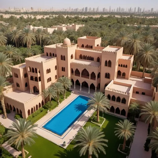 Prompt: palace arab style compound, aerial view, lush gardens, vibrant colors,