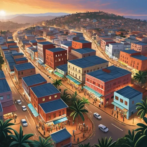 Prompt: Modern illustration of Antananarivo, vibrant cityscape, contemporary architecture, multicultural street scene, bustling marketplace, energetic atmosphere, high quality, urban art, colorful, dynamic lighting, city skyline, diverse community, modern technology, tropical climate, lush gardens, eco-friendly, lively streets, aerial perspective, professional, atmospheric lighting