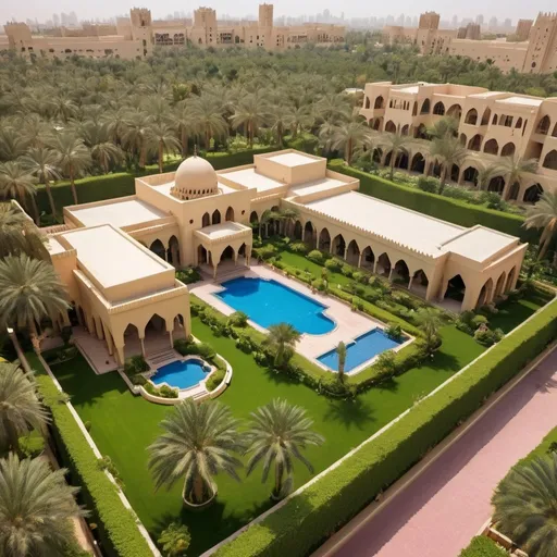 Prompt: palace arab style compound, aerial view, lush gardens, vibrant colors,