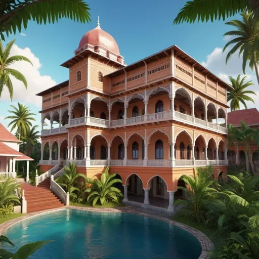 Prompt: Zanzibar Palace with Swahili architectural style, vibrant color tones, a high level of detail, 3D rendering, tropical, traditional motifs, scenic coastal views, high quality, ultra-detailed, vibrant colors, Swahili architecture, lush gardens, tropical cityscape, detailed 3D rendering, coastal setting, city lights, professional