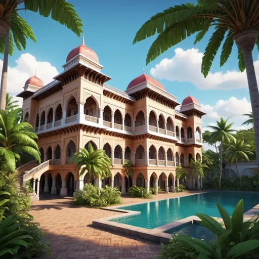 Prompt: Zanzibar Palace with Swahili architectural style, vibrant color tones, a high level of detail, 3D rendering, tropical, traditional motifs, scenic coastal views, high quality, ultra-detailed, vibrant colors, Swahili architecture, lush gardens, tropical cityscape, detailed 3D rendering, coastal setting, city lights, professional