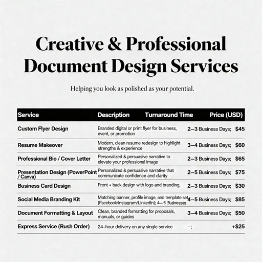 Prompt: 💼 [Your Business Name or Logo Here]
Creative & Professional Document Design Services

“Helping you look as polished as your potential.”

🧾 PRICE LIST
Service	Description	Turnaround Time	Price (USD)
Custom Flyer Design	Branded digital or print flyer for business, event, or promotion	2–3 Business Days	$45
Resume Makeover	Modern, clean resume redesign to highlight strengths & experience	3–4 Business Days	$60
Professional Bio / Cover Letter	Personalized & persuasive narrative to elevate your professional image	2–3 Business Days	$35
Presentation Design (PowerPoint / Canva)	Visually stunning slides that communicate confidence and clarity	3–5 Business Days	$75
Business Card Design	Front + back design with logo and branding	2–3 Business Days	$30
Social Media Branding Kit	Matching banner, profile image, and template set (Facebook/Instagram/LinkedIn)	4–5 Business Days	$85
Document Formatting & Layout	Clean, branded formatting for proposals, manuals, or guides	3–4 Business Days	$50
Express Service (Rush Order)	24-hour delivery on any single service	–	+$25