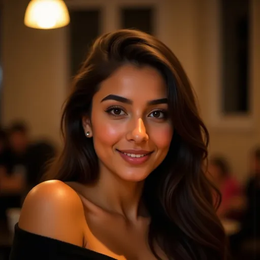 Prompt: Evening indoor selfie, sweater slightly falling off shoulder, warm lamp light, intimate framing, confident relaxed gaze.

Warm indoor lamp lighting
Soft shadows