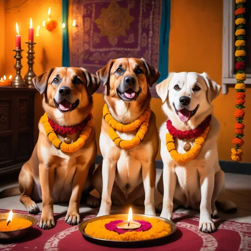 Prompt: "A cinematic, realistic scene of several dogs sitting together with red tikka marks on their foreheads and vibrant marigold garlands around their necks. They are in a warmly lit room decorated for Kukur Tihar, with soft candlelight, oil lamps, and traditional decorations like colorful rangoli and marigold petals in the background. Family members are nearby, joyfully honoring each dog with love and respect, capturing the warm and festive spirit of this unique celebration."