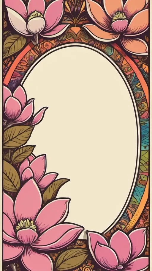 Prompt: Create a funky, psychedelic, early 70's, hand-drawn, hippie, folk-rock, frame with colorful magnolias and a few vintage patterns in the style of Ben Styer, add warm retro colors, time of the day should be dawn, sunset, concert flyer