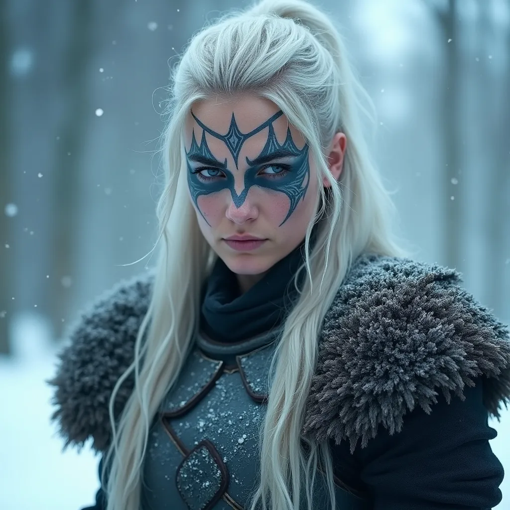 Prompt: (viking woman), silver hair, intricate face paint, fierce expression, wearing traditional armor, wintry background with heavy snowflakes, frosty trees, cool tones of blue and white, misty atmosphere, (highly detailed) textures, magical realism, dramatic lighting, encapsulating adventure and resilience, (4K quality), serene yet powerful ambiance.