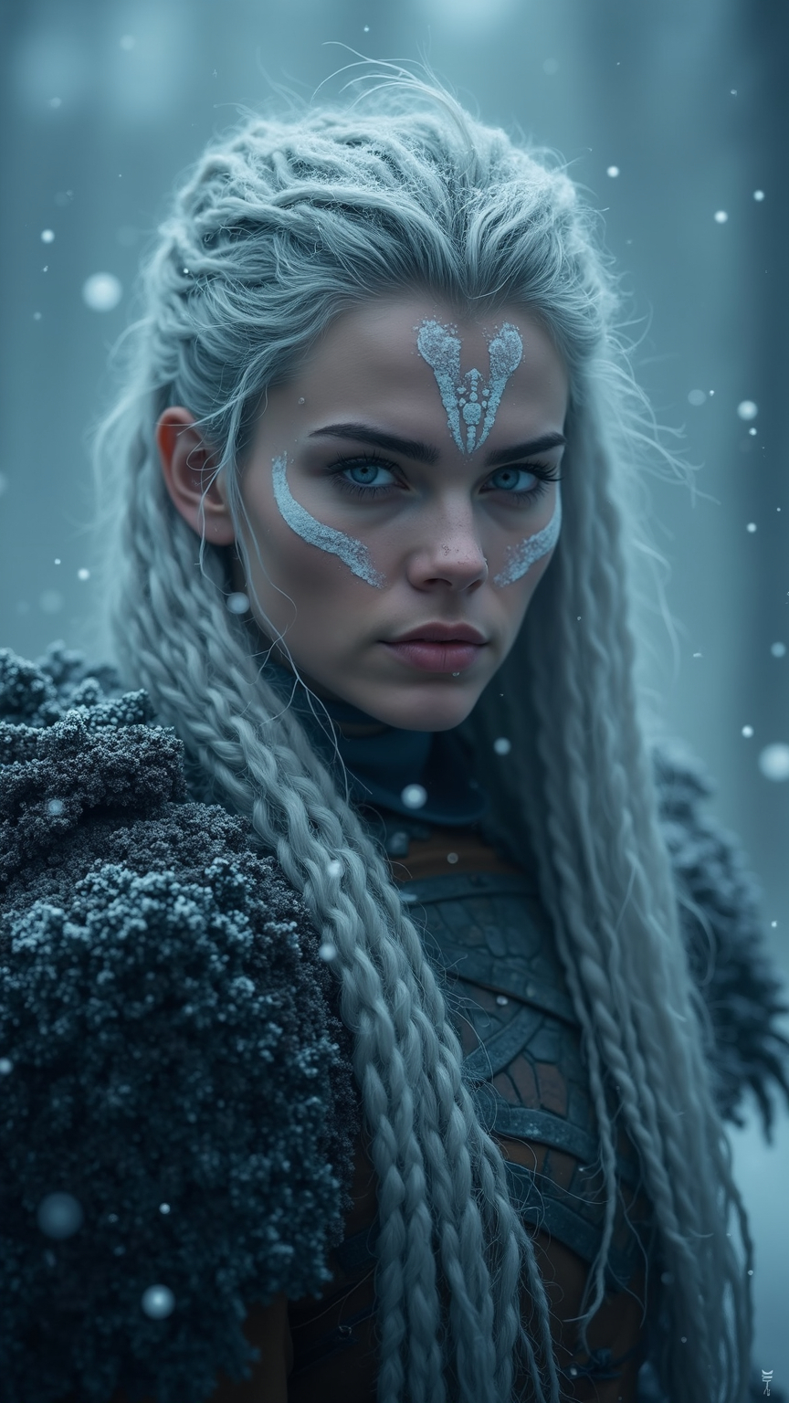 Prompt: (viking woman), silver hair, intricate face paint, fierce expression, wearing traditional armor, wintry background with heavy snowflakes, frosty trees, cool tones of blue and white, misty atmosphere, (highly detailed) textures, magical realism, dramatic lighting, encapsulating adventure and resilience, (4K quality), serene yet powerful ambiance.