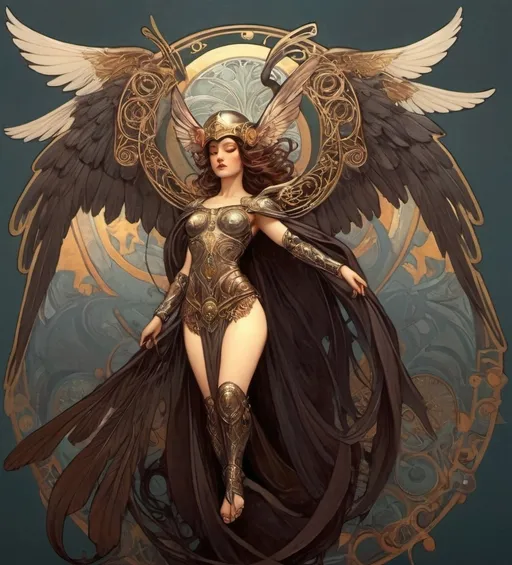 Prompt: Valkyrie, dark colors, wing span, filigree wings, helmet 