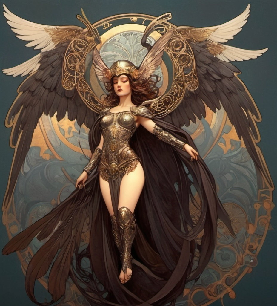 Prompt: Valkyrie, dark colors, wing span, filigree wings, helmet 