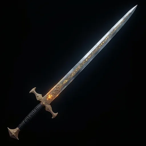 Prompt: (4K), stunning sword, (intricate designs) on blade, glowing runes, (gold in-lay) features, tungsten handle, (detailed craftsmanship), dark background to highlight the sword, dramatic lighting contrast, enhanced visual focus on the shimmering surfaces, sleek and powerful appearance, captivating allure of the weapon, luxurious aesthetic