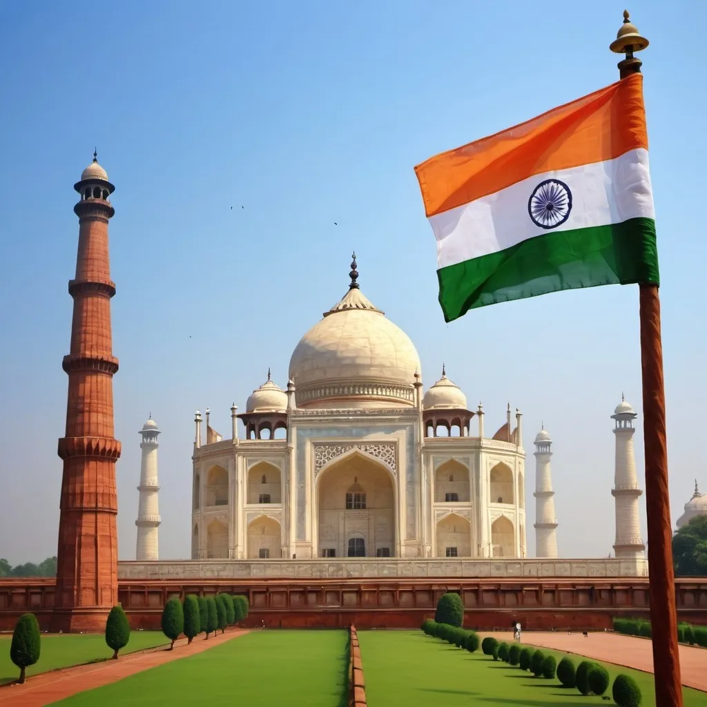 Prompt: 15 August India Independence day , Tricolour flag with taj mahal and red fort in back ground