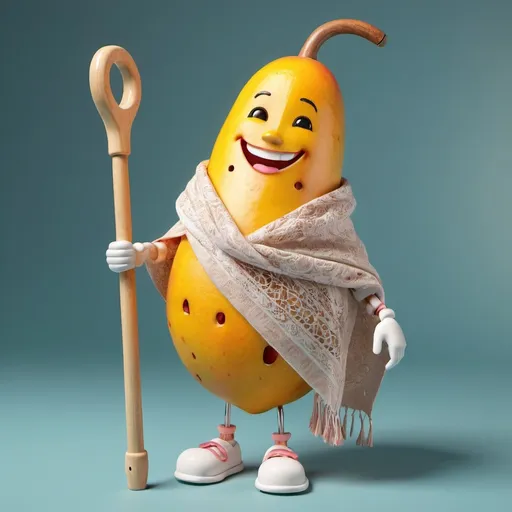 Prompt: 3d mango with hands, only 1 leg amd holding wooden crutches smiling and with shawl