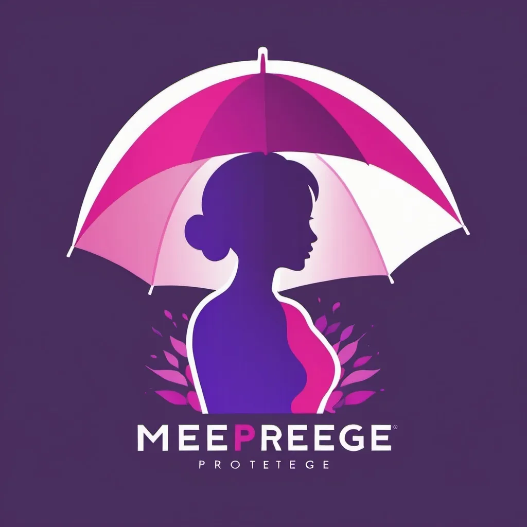 Prompt: A logo for a project called MeeProtege which means "protect me". The logo must be an umbrella with a woman silhouette holding it. Use a color palette ranging from pink to purple