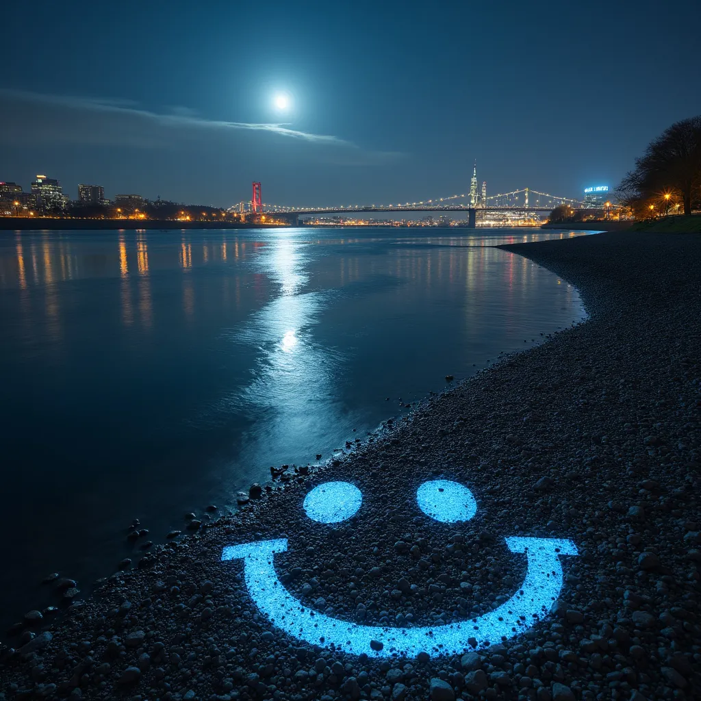 Prompt: image of a river during the night with a spray paint smiley face on the shore and a city in the background

