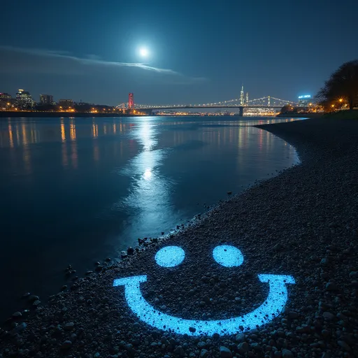 Prompt: image of a river during the night with a spray paint smiley face on the shore and a city in the background

