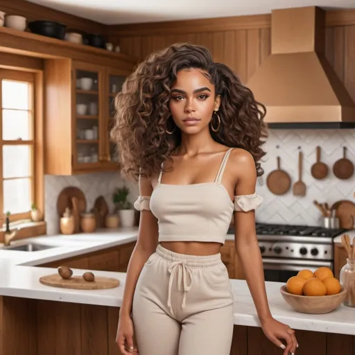 Prompt: Create a black woman, big eyebrows, beautiful brown eyes and brown wavy hair. full body picture with  cult gaia brand clothes on. nice eclectic kitchen as background , highly realistic full body picture 