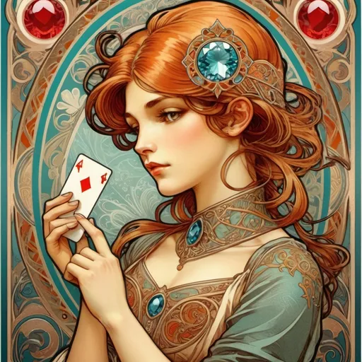 Prompt: Alphonse Mucha Style, art nouveau illustration of a playing card of the ace of diamond with  intricate details, beautiful colors