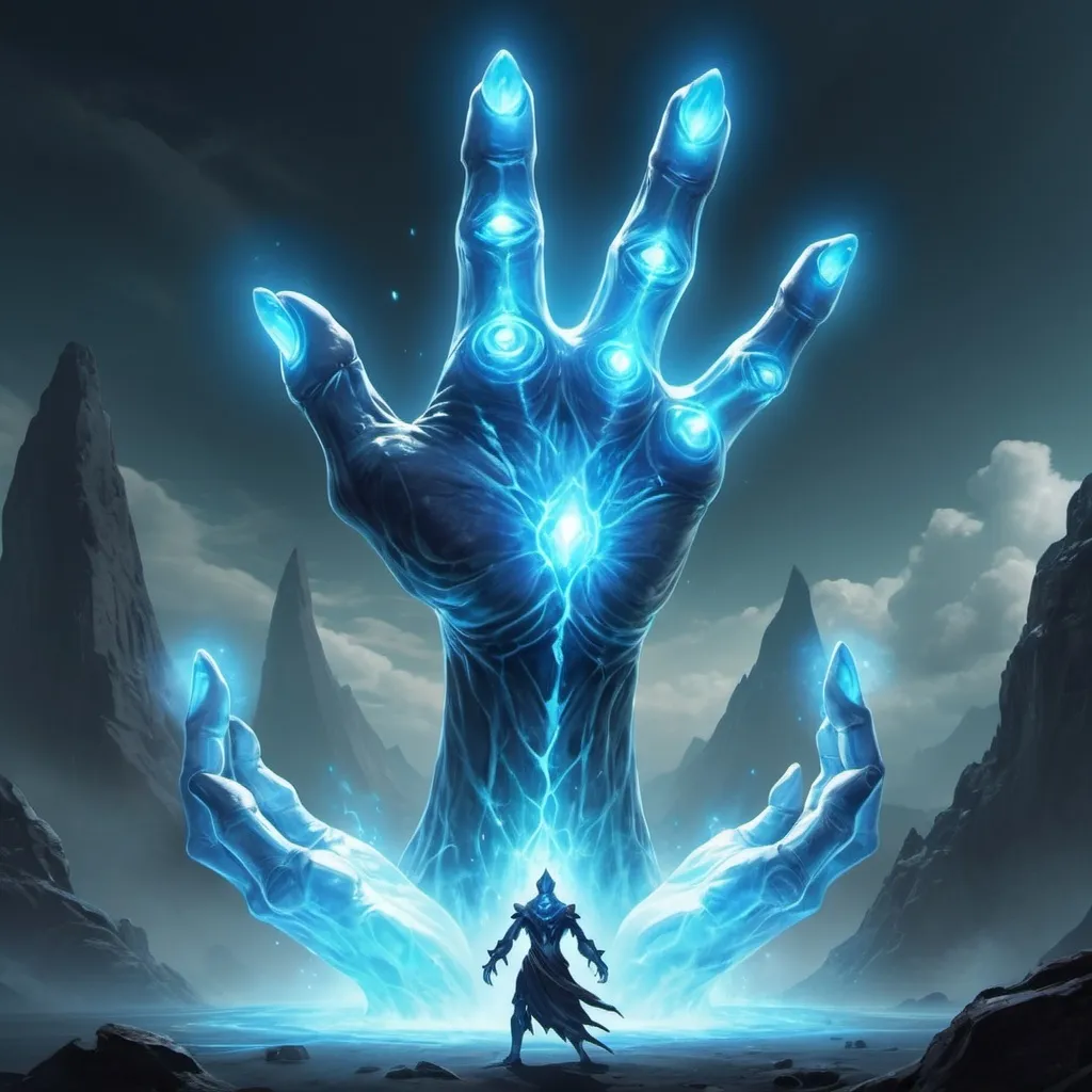 Prompt: Create a powerful energy creature from another world that has the ability to summon two transparent blue giant hands 