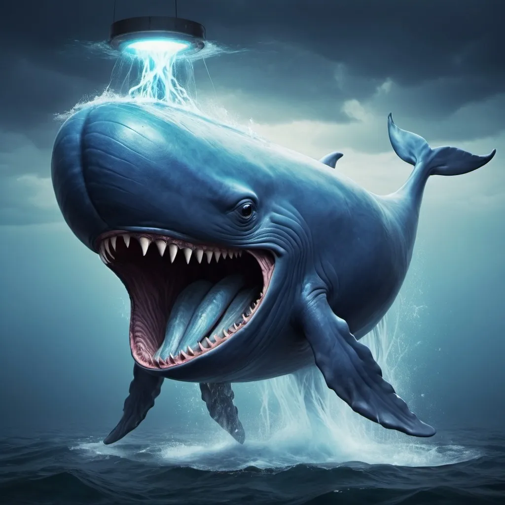 Prompt: Create a blue whale monster with water and electricity elements 