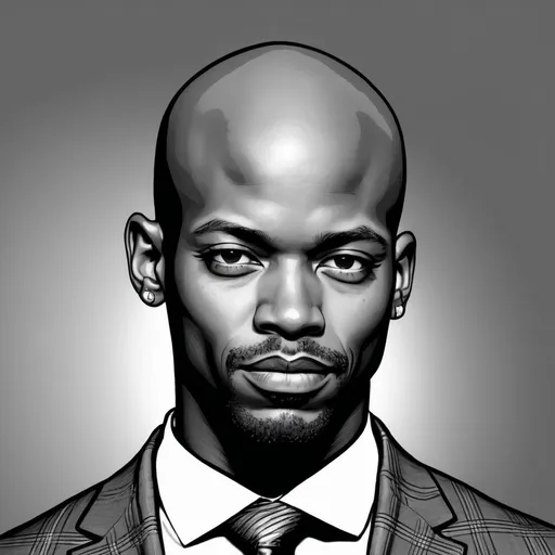 Prompt: Black and white line art headshot portrait of a Black man in his mid thirties, he is bald, he has many hoop earrings in only right ear, and he is wearing a suit in the style of a comic.