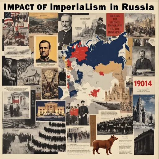 Prompt: Create this collage in English. The art work should be the focal point. The words should be minimal but enough to understand the art

2. Create an infographic poster to make a statement about the impact of imperialism in Russia between 1800-1914, prior to World War I. This is a visual thesis -- writing should not dominate your poster. Use visuals to convey a persuasive, debatable argument. Your poster should include:

a. A title that identifies your topic and your thesis (the debatable, unique, and persuasive argument that you are making in answer to your guiding question).

b. Date (the time frame of the topic you are describing)

c. A Map to identify the region.

d. At least 1 statistic, 2 quotes, 3 key vocabulary terms, and 4 images.

One statistic to convey a main idea about the impact of imperialism here.
Two quotes should reinforce your main idea. (Be sure to identify the speakers and make sure they are historically relevant to the historical period you are covering!)
The 3 vocabulary terms should be highlighted to reinforce important vocabulary needed to understand this region's history. (Used in context!)
The four images should bring your thesis (your argument) visually to life. (Captioned and relevant!)
Chicago style of notation (they citation style used by historians) to identify sources consulted other than our textbook or class lecture.