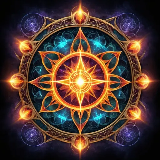 Prompt: Holy flame spell symbol, sacred geometry, digital painting art, fantasy game spell, vibrant and glowing, intricate details, high quality, mystical, fantasy, sacred, digital art, magical, symbol, radiant colors, sacred geometry, intricate patterns, ethereal lighting