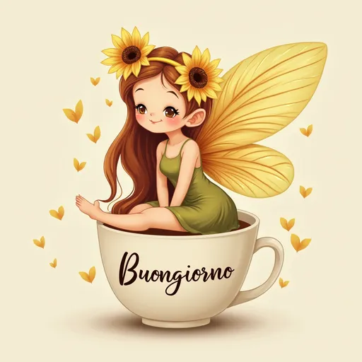 Prompt: A cute fairy with long flowing hair and sunflower wings sitting on a coffee cup, smiling, with text 'Buongiorno' in pastel colors