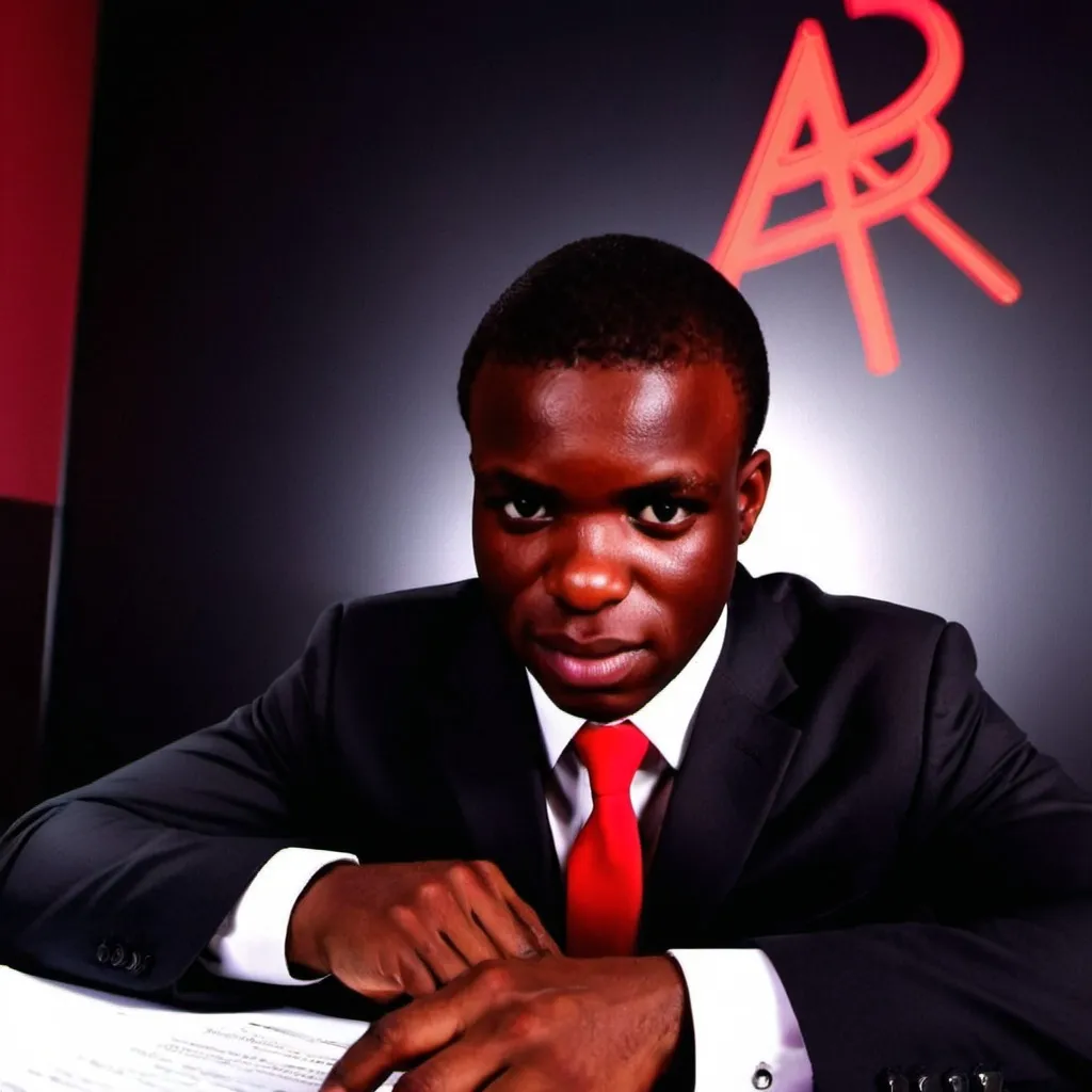 Prompt: a 30 year old Cameroonian lawyer working on a contract. Black suit, red tie, dark hair, neon-lit background.