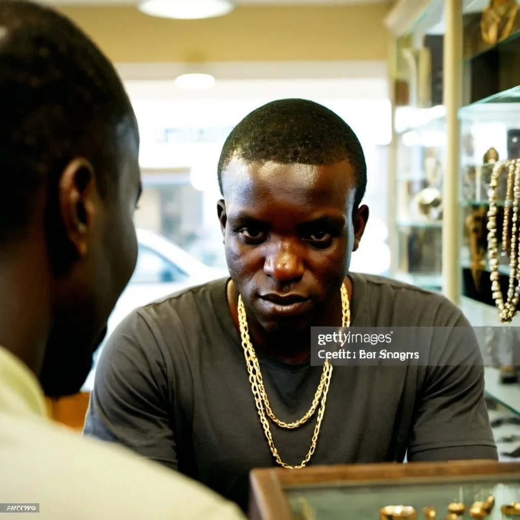 Prompt: an African Male Business Owner in a Jewelry shop smiling and attending to a Customer.