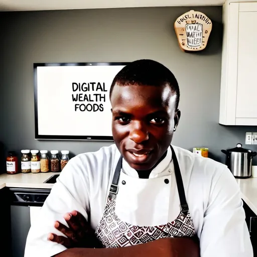 Prompt: an African Chef cooking wearing an apron cooking In a modern kitchen. A small whiteboard can be seen at the wall with the inscription "DIGITAL WEALTH FOODS"