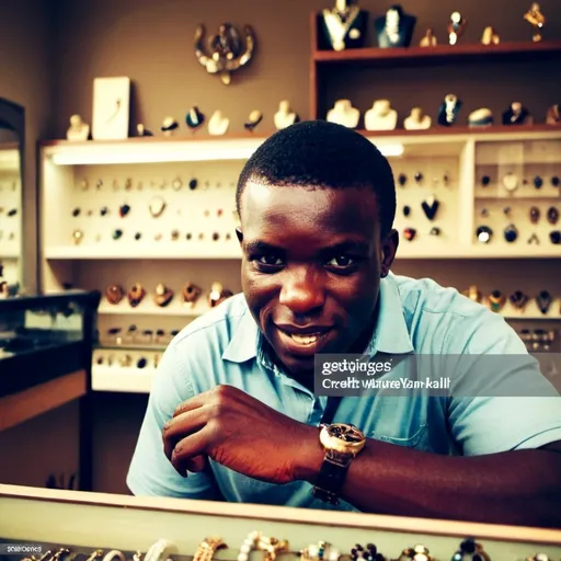 Prompt: an African Male Business Owner in a Jewelry shop smiling and attending to a Customer.