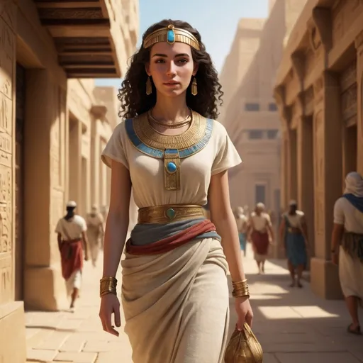 Prompt: Tall young woman walking down the high street, detailed clothing, realistic, natural lighting in the Pharaonic era