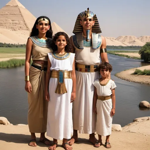 Prompt: An Egyptian woman and man and girl and boy standing in front of the Nile River in the Pharaonic era