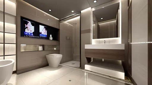 Prompt: a bathroom with a toilet and a shower stall with a mirror on the wall and a television on the wall, Cui Bai, light and space, 3 d render, a digital rendering
