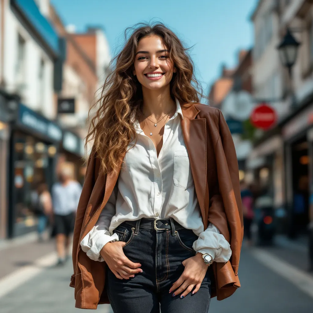 Prompt: Tall young woman walking down the high street, detailed clothing, realistic, natural lighting