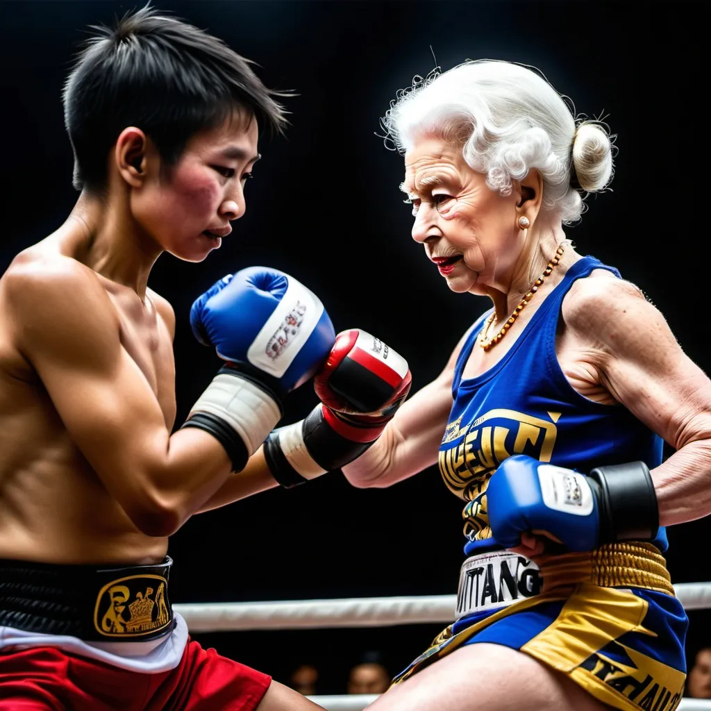 Prompt: Queen Elizabeth fighting against male muaythai athletr called roadtang