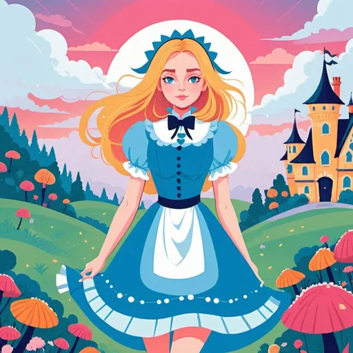 Prompt: 2d flat art, Alice in winderland, a woman in a blue dress, vector art, cloudy day, cover art, bright colors, cute illustration