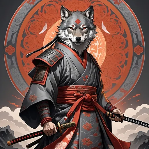 Prompt: tarot card Anime illustration, a samurai, detailed ornate cloth robe, dramatic lighting, red, gray, orange palette. Katana with wolf ornaments