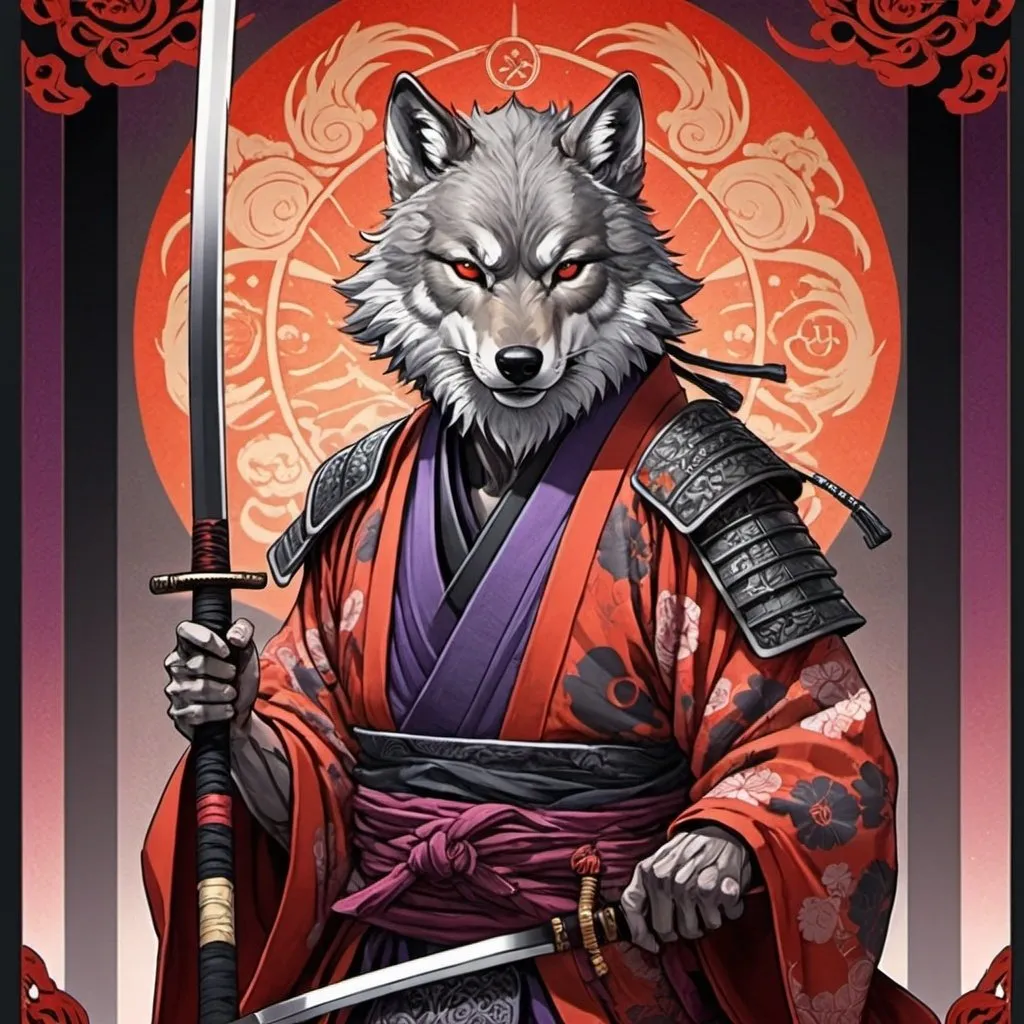 Prompt: tarot card Anime illustration,  samurai men with one katana, wolf ornaments, detailed ornate cloth robe, dramatic lighting, colors red, orange, black, purple and gray, 