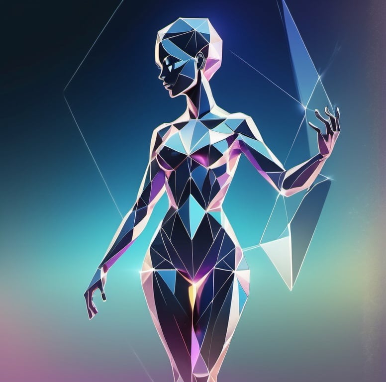 Prompt: Powerful diamond-shaped female figure, outline only, spiritual, modern mystical, diamond colors, high quality, modern art style, mystical lighting, detailed and sharp edges, diamond-inspired, abstract, elegant pose, crystal clear, ethereal atmosphere