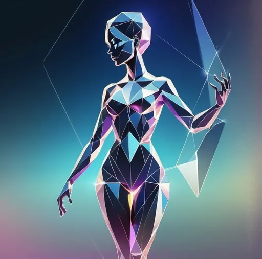 Prompt: Powerful diamond-shaped female figure, outline only, spiritual, modern mystical, diamond colors, high quality, modern art style, mystical lighting, detailed and sharp edges, diamond-inspired, abstract, elegant pose, crystal clear, ethereal atmosphere