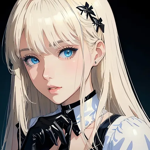 Prompt: Female, blonde straight hair , light blue eyes color, wear white short dress, wear black pantyhost, wear black leather gloves , wear black color highheels , (best qulity)++ masterpiece ++ ultra detail ++, anime art style , ultra perfect face detail++