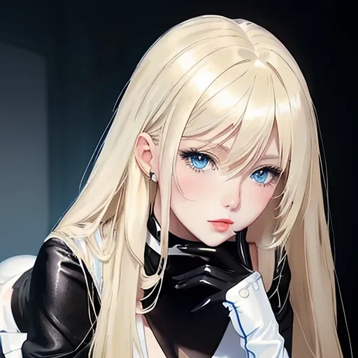 Prompt: Female, blonde straight hair , light blue eyes color, wear white short dress, wear black pantyhost, wear black leather gloves , wear black color highheels , (best qulity)++ masterpiece ++ ultra detail ++, anime art style , ultra perfect face detail++