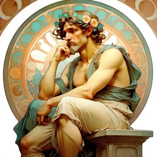 Prompt: Greek philosopher sit on pose of thinking something