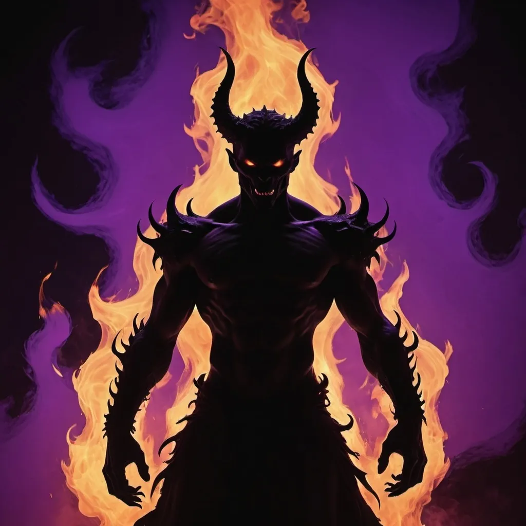 Prompt: purple fiery background with black, demon like silhouette figure standing in frame, with purple fire coming out of their eyes