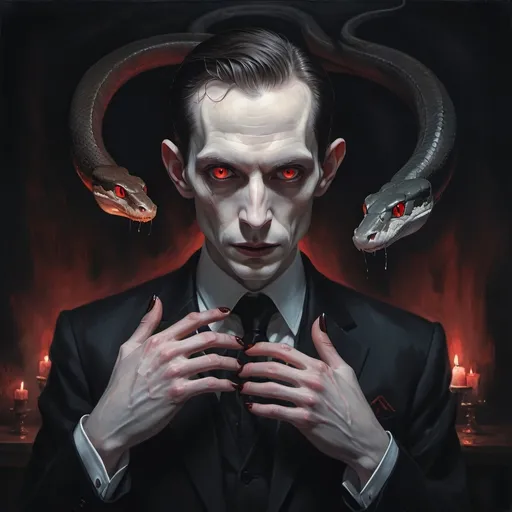 Prompt: Man in black suit with snake-like eyes. Pale. Water painting. Vampire.