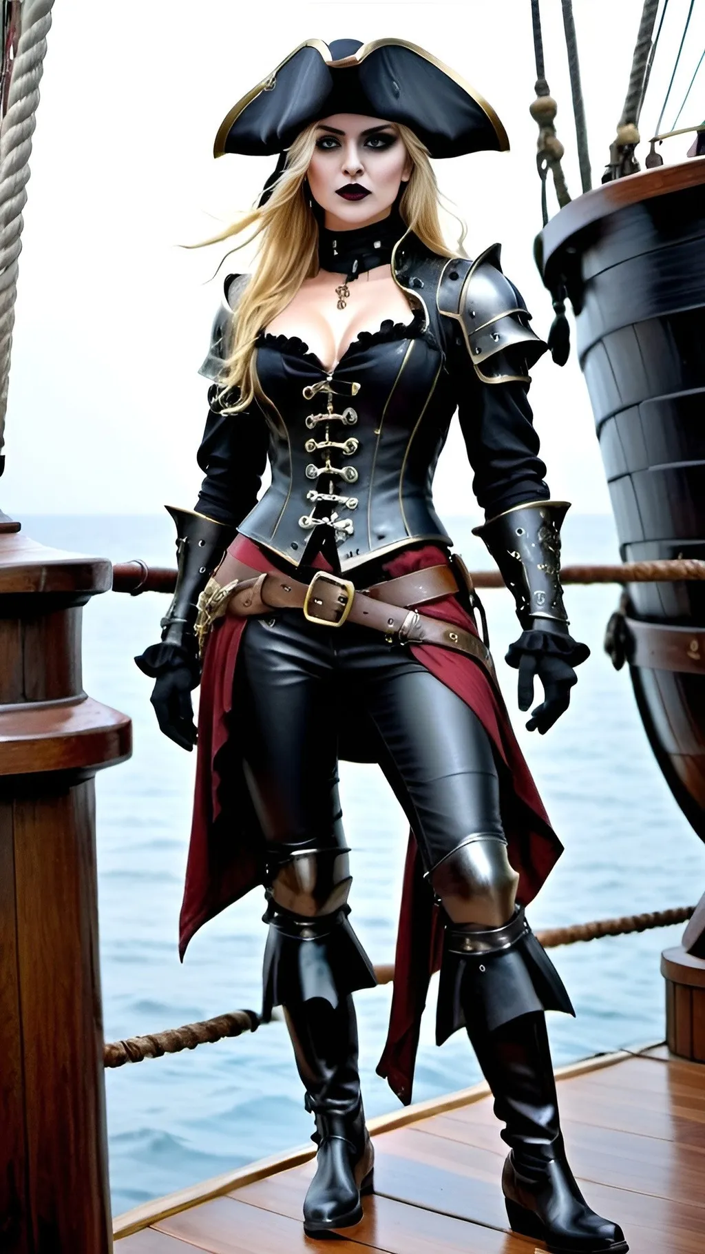 Prompt: A beautiful women, cute face, dark tone, black medieval armor, long blonde hair under her small black pirate hat, heroic, dark clothing color scheme, black clothes, a small black pirate hat on her head, a black collar on her neck, a tight black long sleeve shirt, black armored corset, black lipstick, black leather gloves, black metal armor, black metal armor on her arms, metal armored shoulder pads on her shoulders, tight black armored leather pants, black armored metal boots, standing on a pirate ship, fantasy pirate theme, full body